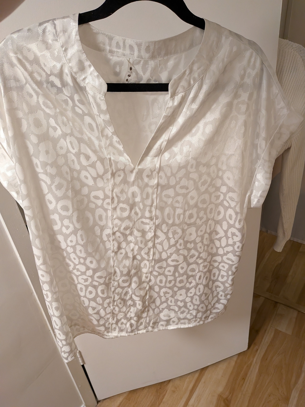 cleo White Satin Leopard-Print Short Sleeve Blouse